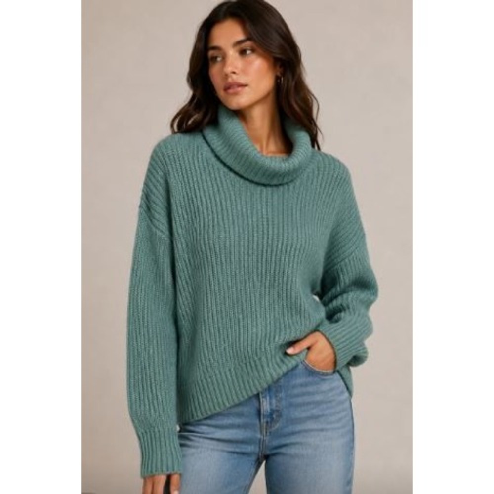 American Eagle Sweater Womens XL Teal Green Cowl Neck Shaker‎ Knit Oversized
